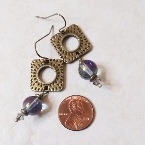 Bronze Dangle Earrings w. Purple Hued Beads + Crystals! Casual Boho City Chic - Picture 6 of 6